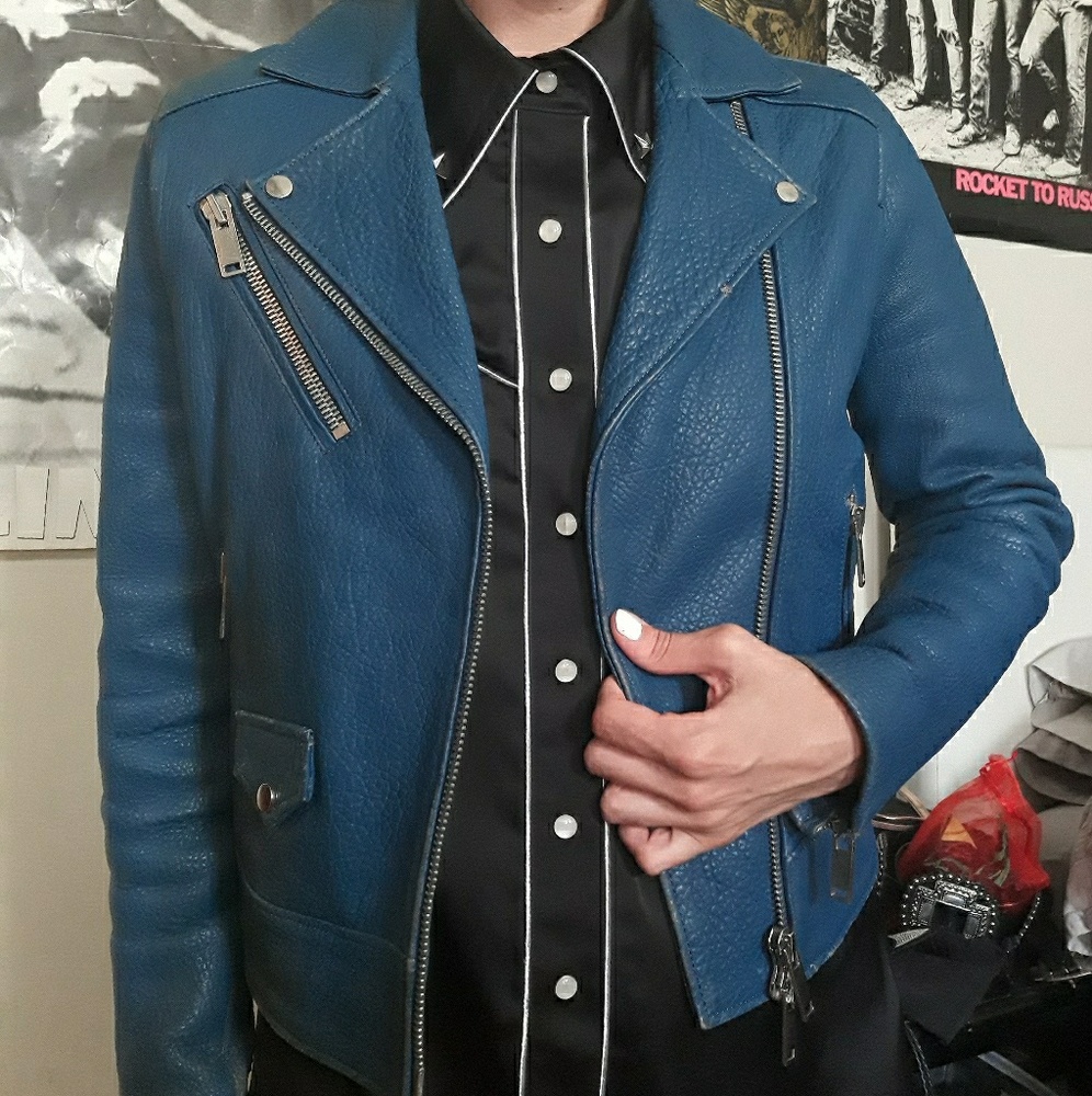 Reiss pale blue motorcycle jacket genuine leather